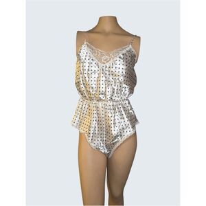 Vintage Lady Manhattan Polka Dot Satin Romper Lace Trim USA Made